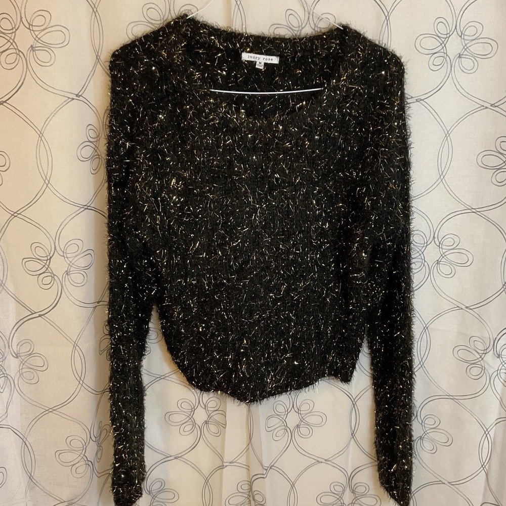 Women's Ivory Rose Black Sweater With Gold Tinsel Long Sleeve Size‎ Medium